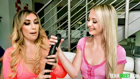 Blonde teen and hot cougar mom with toy in teasing FFM preview