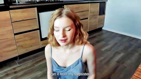 Blonde stepsister in blue slip dress offers honeypot for rent payment