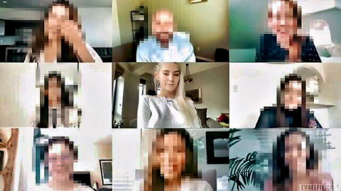 Eva Elfie in glitchy video call with blurred participants, sweet creampie tease