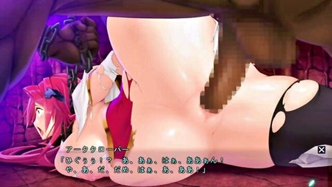 Anime magical girl and demoness chained in erotic pose with censored penetration