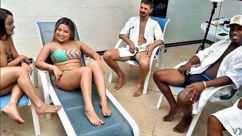 Sexy bikini-clad brunettes and Asian babe lounging poolside with robed white stud and BBC guy teasing curves