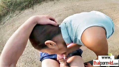 Thai teen virgin outdoor blowjob to huge white cock on bike POV