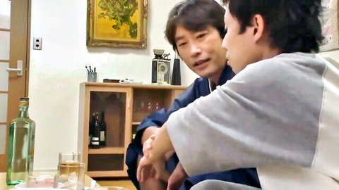 Japanese mature man in yukata chats intimately with young guy