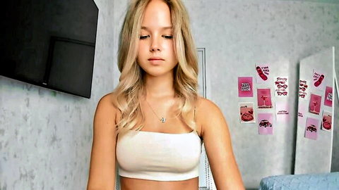 Blonde teen camgirl tender_ness18 in white crop top, nonude solo tease