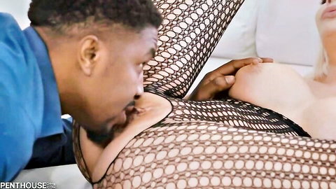 Black stud licks curvy blonde babe's pussy through fishnet lingerie while groping her big tits
