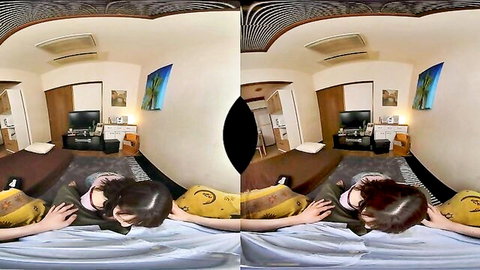 Busty Japanese women topless on futon groping each other's huge tits in VR POV