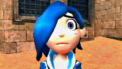 Animated blue-haired female character in dungeon from SMG4 Meta Runner parody