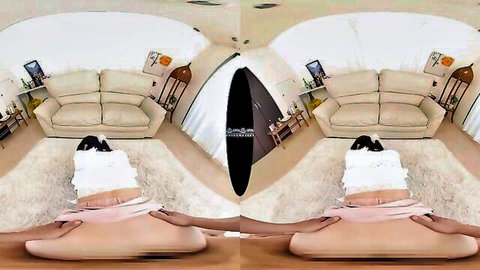 VR close-up of seductive woman exposing shaved pussy in pink panties