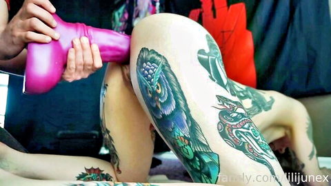 Inked teen with massive dildo fisting and pussy rubbing action