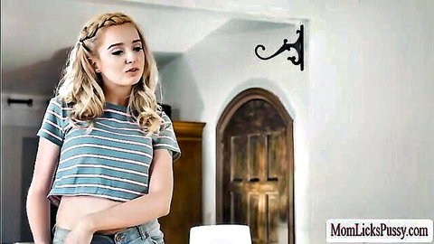 Blonde teen Lexi Lore in striped crop top teasing for lesbian tribbing with Serene Siren