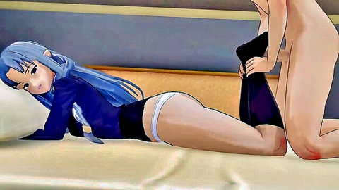FGO anime blue-haired elf girl in stockings giving footjob to naked guy