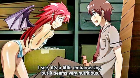 Redhead demon girl in skimpy bikini shows huge ass teasing embarrassed schoolboy holding phallic carrot in hentai