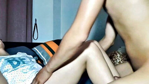 Amateur Latina teen spreads shaved pussy legs wide for boyfriend's cock on bed