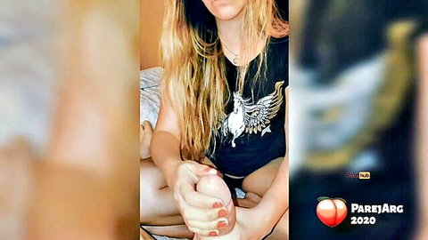 Blonde stepsister in unicorn tee gives handjob after bet loss