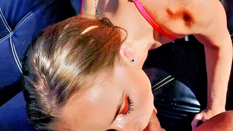 SecretCrush brunette girlfriend intense blowjob, exposed tits in 4K oral action