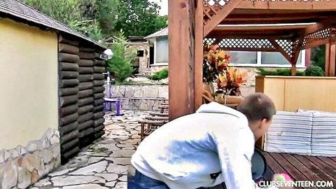 Adriana Brill horny brunette in outdoor action with guy bending over