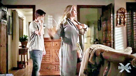Alura Jenson seducing stepson, blonde MILF in open dress revealing big tits