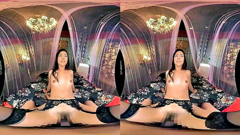 Young skinny Japanese girl with small tits spreads legs wide exposing censored pussy in VR