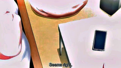 Anime gal with pink hair in white top and skirt at table