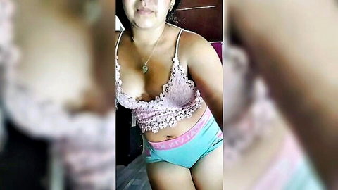 Luna in pink lace bralette showing cleavage and curves, big ass tease