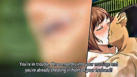 Anime wife passionately kissing muscular lover while cheating in front of husband hentai scene