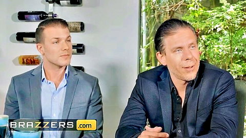 Mick Blue and Codey Steele in suits on Brazzers set with Emma Hix special treatment