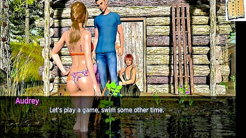 Blonde in bikini shows big ass to man as redhead watches lakeside