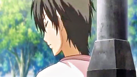Serene anime teen with short black hair closing eyes by pillar outdoors