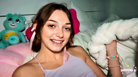 Shrooms Q smiling in pink tank top, brunette beauty ready for stepdad action