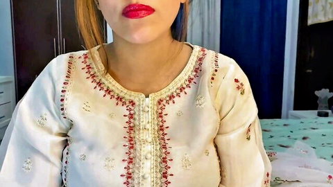 Sara Khan in embroidered white traditional top, red lips, seductive gaze
