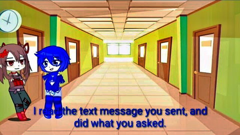 Anime futa teacher and foxgirl student in school hallway, rereading text message