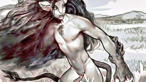 Nude muscular femboy lion snarling predatorily, Roadkill The Demon Bunny in M4M ASMR art