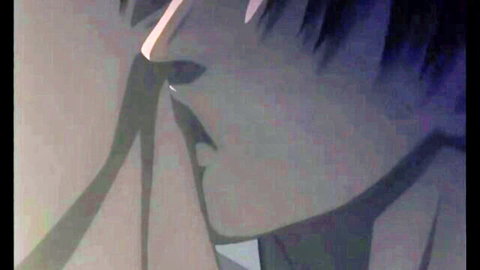 Traumatized anime guy with black hair after rough gay hentai sex
