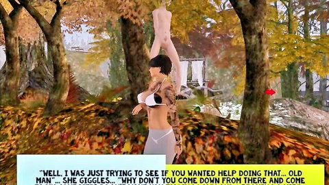 Tattooed slim woman in white bikini lifts leg high in autumn forest, Second Life 3D tease