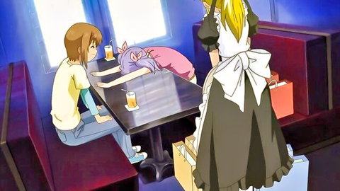 Anime blonde maid in frilly black dress stands over sleeping pink-haired girl face-down on cafe table with brown-haired teen watching