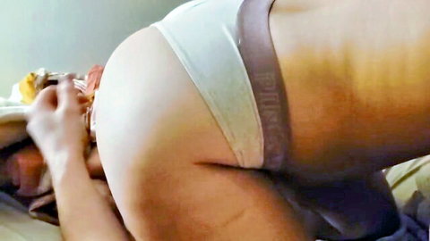 Big ass woman in white panties pulled aside for fingering closeup on bed
