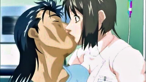 Anime nurse in tight uniform passionately kissing spiky-haired patient in medical room