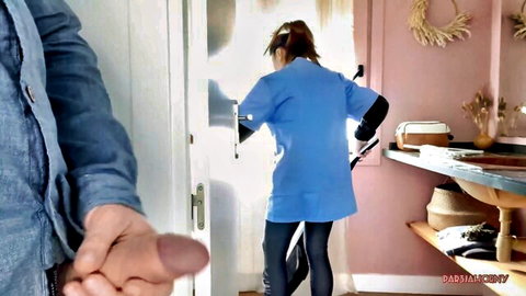 Latina maid in blue uniform caught dickflashing, helps with handjob and massive cumshot