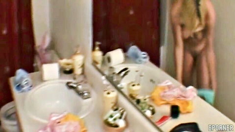 Blonde babe nude in bathroom mirror thrilling solo masturbation