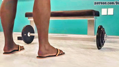 Ebony girlfriend's muscular legs in flip-flops, hentai gym tease