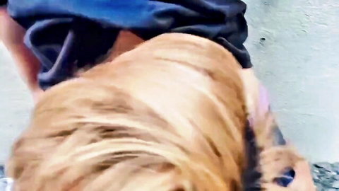 Blonde woman bent over in blue shorts pulled down, fucked from behind outdoors