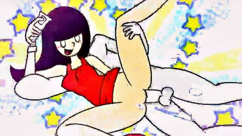 Purple-haired anime girl in red swimsuit smiles during hard vaginal penetration in hentai scene