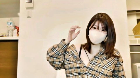xx_natsumegu_xx Japanese cam model in open plaid shirt showing cleavage and mask