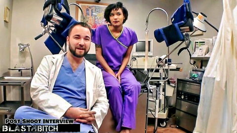 Jackie Banes and doctor in medical exam room post-shoot interview