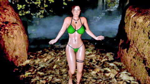 Oiled MILF Lara Croft dancing sexy in revealing green bikini forest
