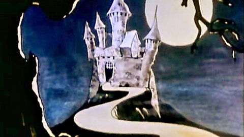Spooky castle under moon in Snow White adult parody