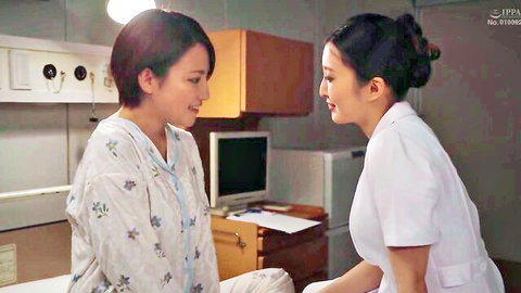 Azu Amatsuki as sexy Japanese nurse chatting with patient in gown