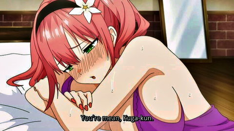 Sweaty busty pink-haired hentai student in purple lingerie, green eyes, teased expression