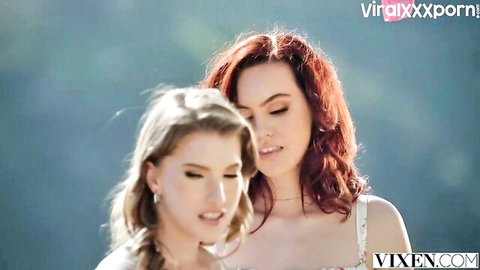 Octavia Red and Freya Mayer in seductive outdoor embrace for threesome