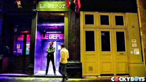 Two fit men flirt outside French gay club Le Depot for steamy hook-up